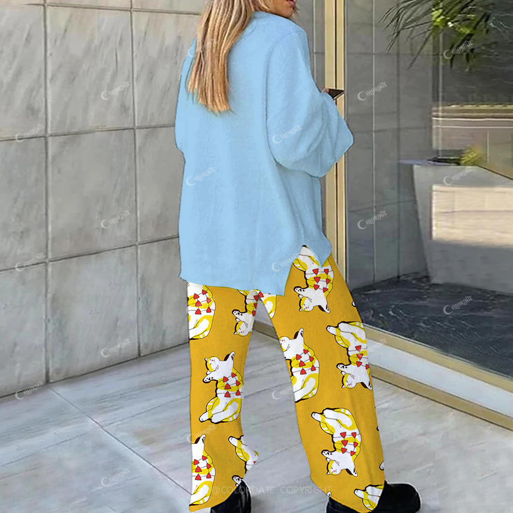 Colordate Casual Naughty Kitten Printed Loungewear Set For Women