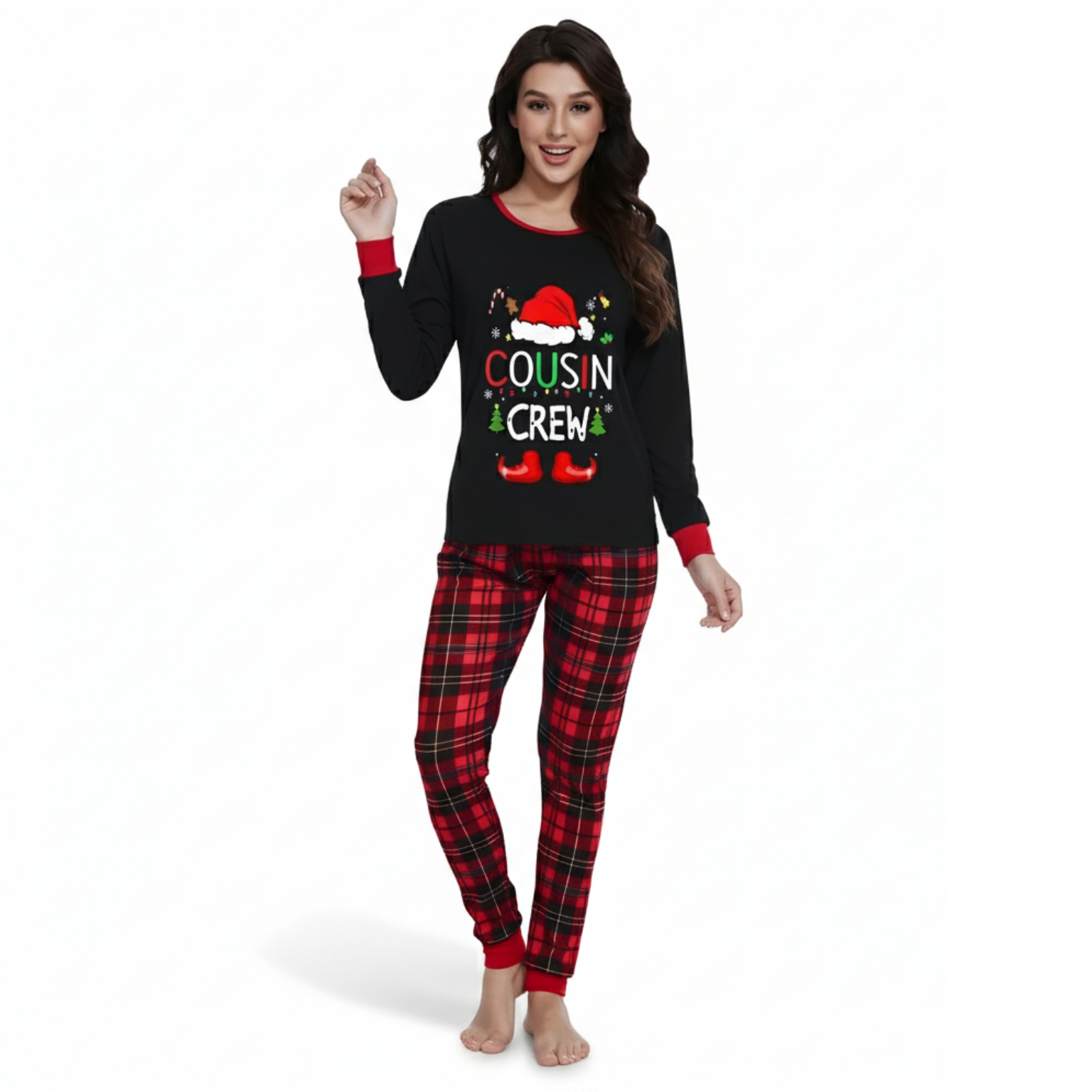 Cousin Crew Christmas Print Matching Plaid Pajama Set