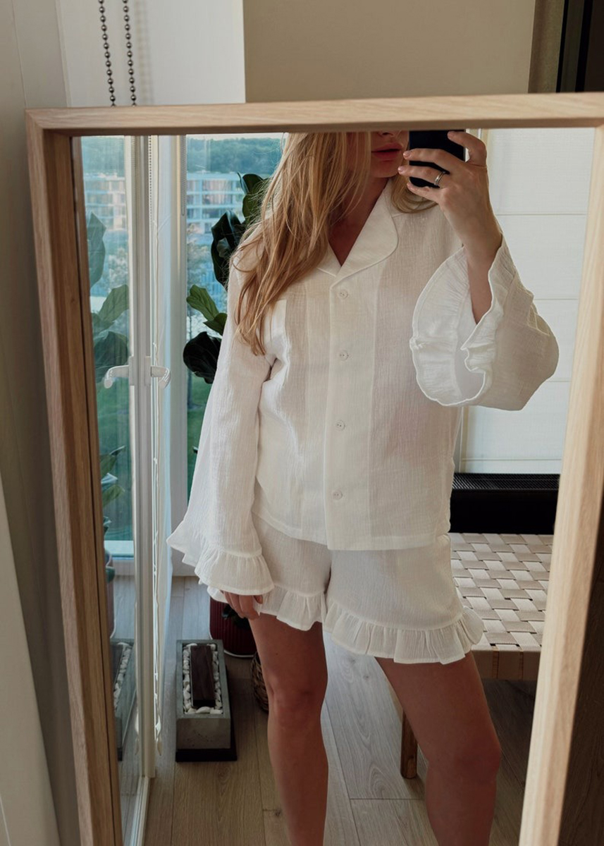 Women's loungewear pyjama Bachelorette party pjs Crinkle Cotton Ruffle pajama set