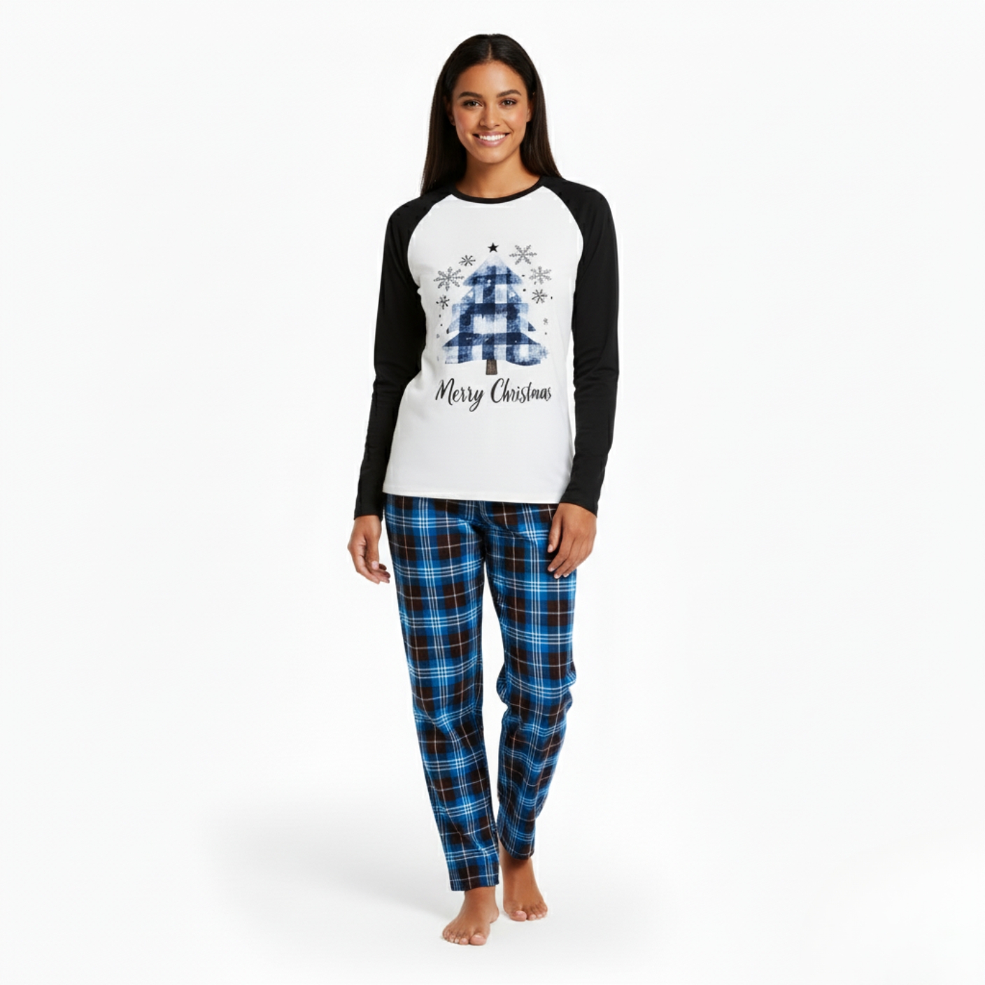 Merry Christmas Plaid Pajama Set with Snowflake Design