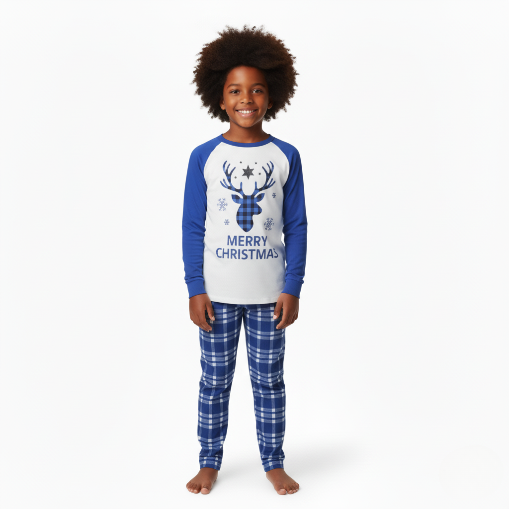 Christmas Reindeer and Snowflake Holiday Pajama Set With Plaid Pants