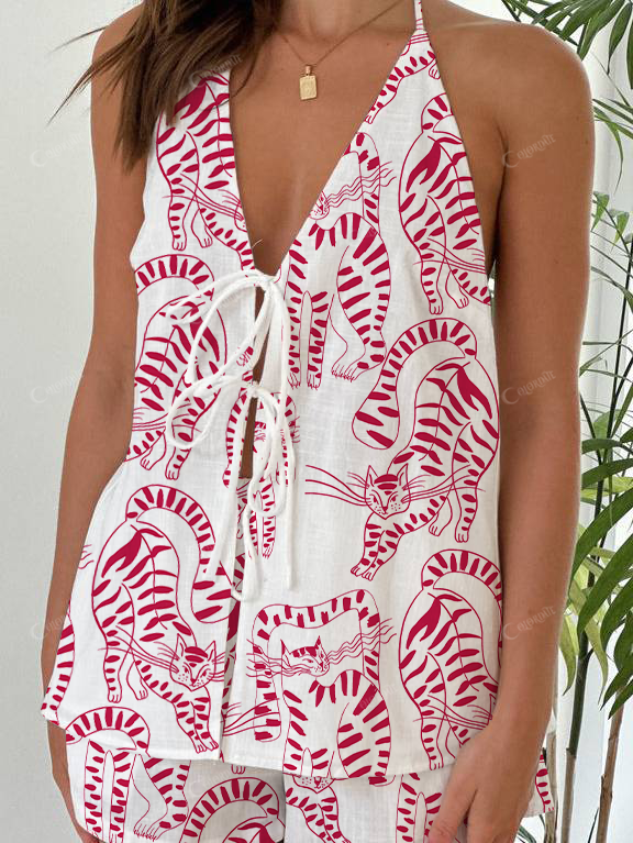 Red Cat Print Halter Neck Tie-Up Top And Shorts Suit