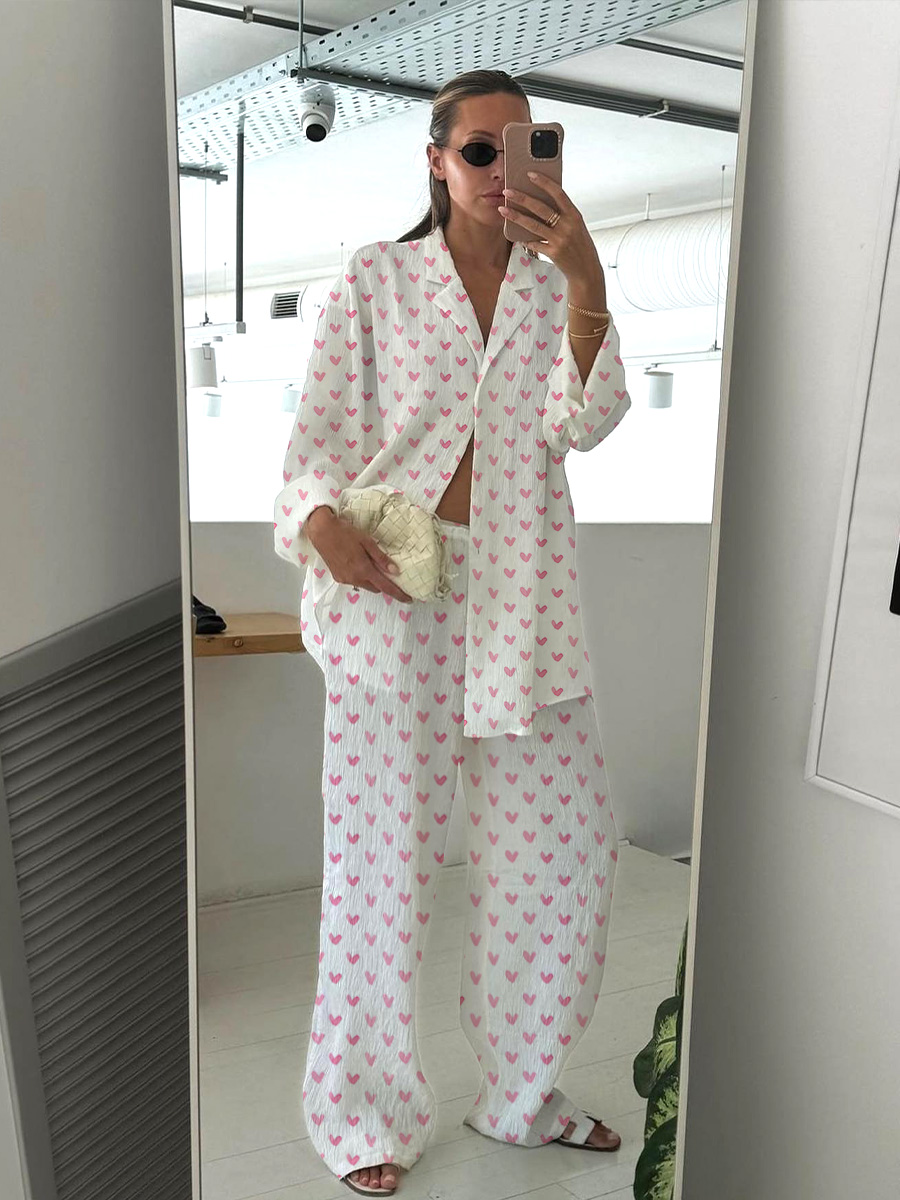 Colordate Sweetheart Dreams Women's Pink Heart Print Cotton Cardigan Homewear Set