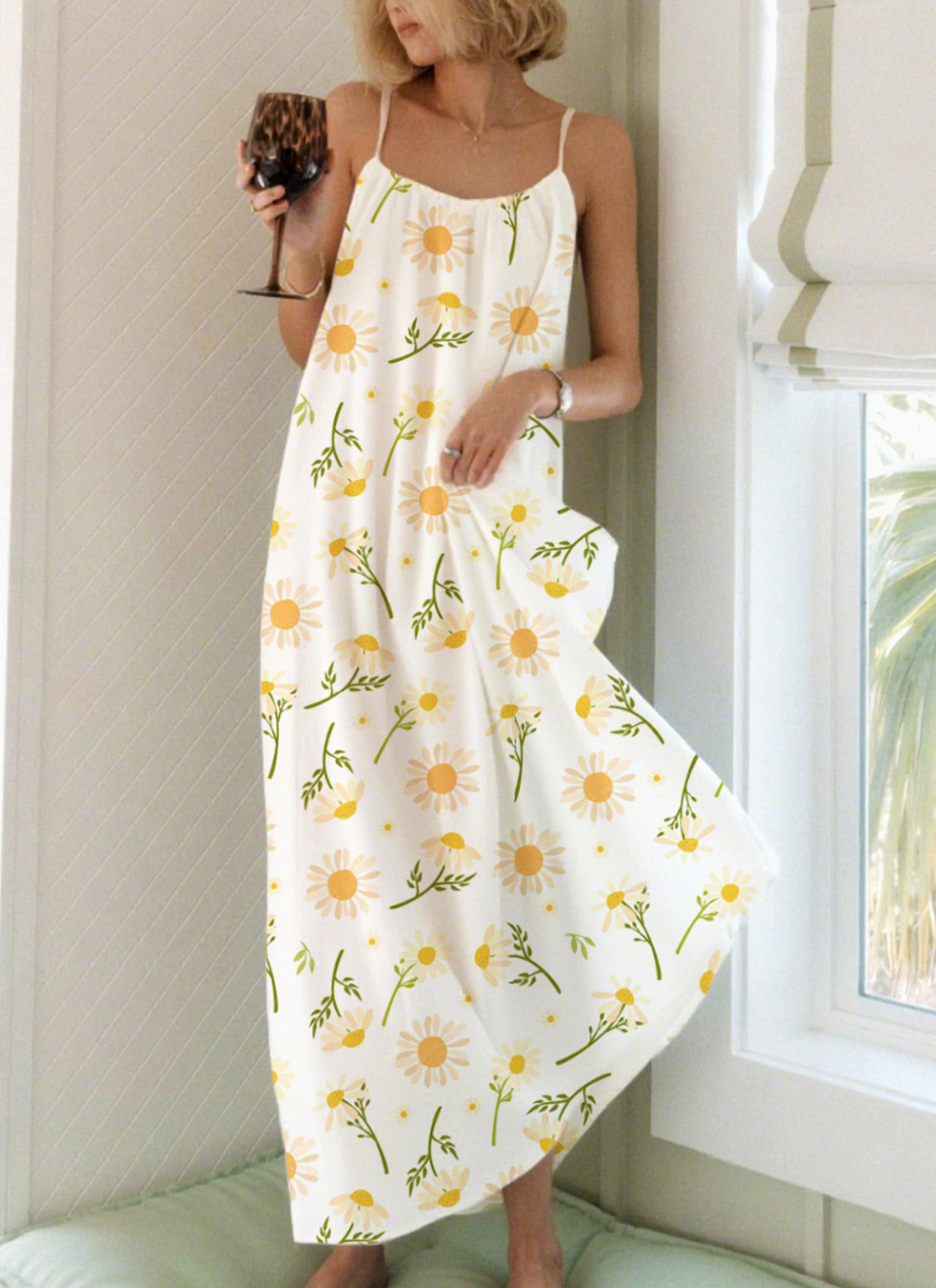 Orange Daisy Printed Long Neckline Pleated Nightgown