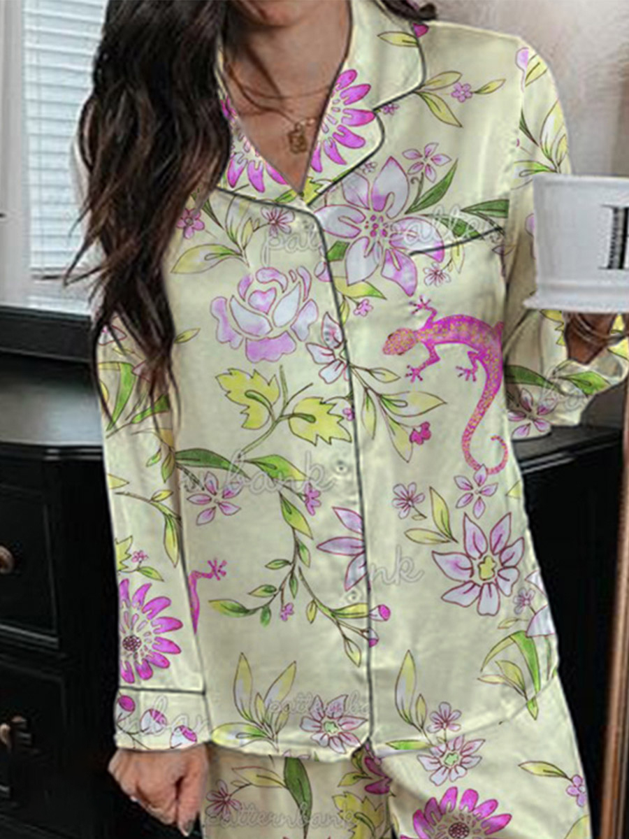 Women's Romantic Floral Pattern Long Sleeve Pants Set