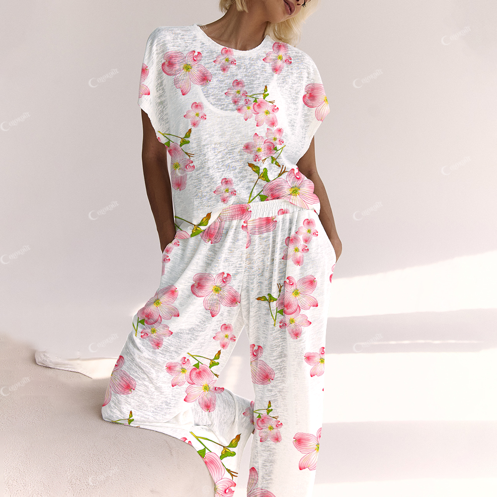 Colordate Women's Pink Flower and Leaves Print Ladies Lounge Suit