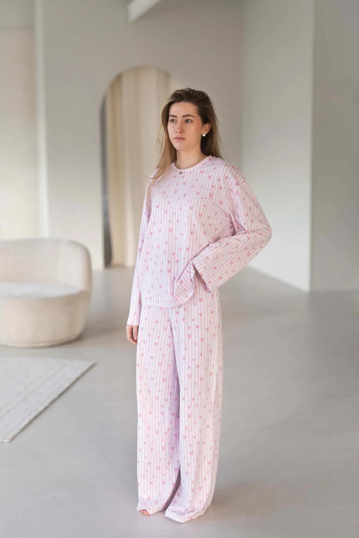 Hearts Print Pink Pajama Loungewear Sleep Set