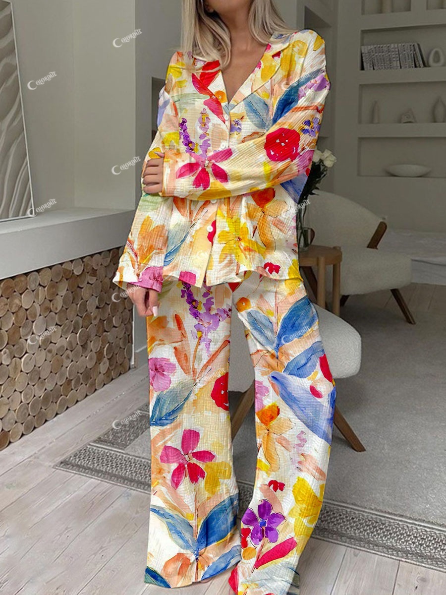 Women's Orange Floral Graffiti Print Cotton Cardigan Loungewear Set