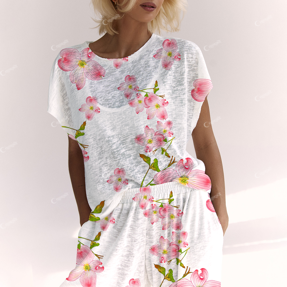 Colordate Women's Pink Flower and Leaves Print Ladies Lounge Suit