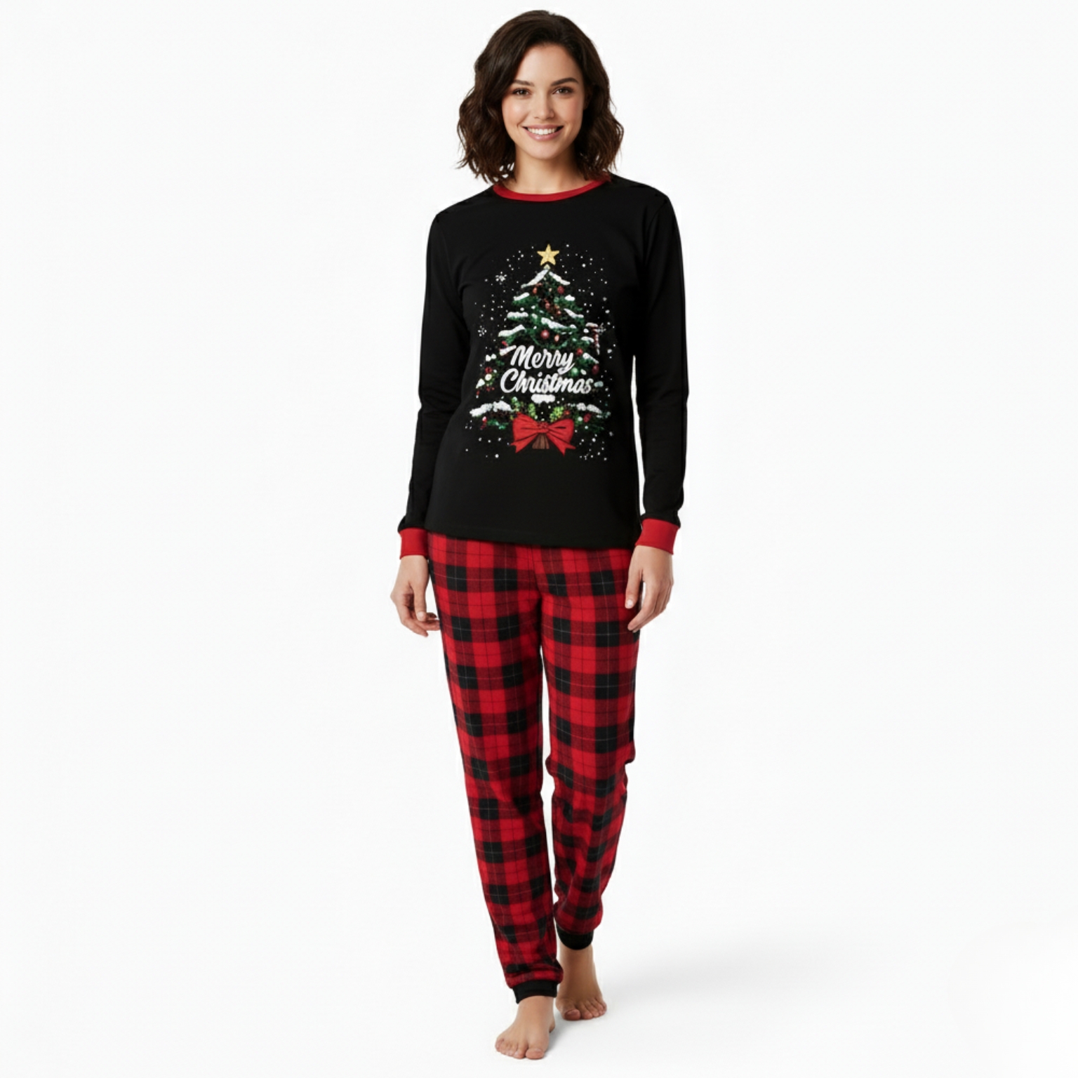 Merry Christmas Tree Bow Print Pajama Set