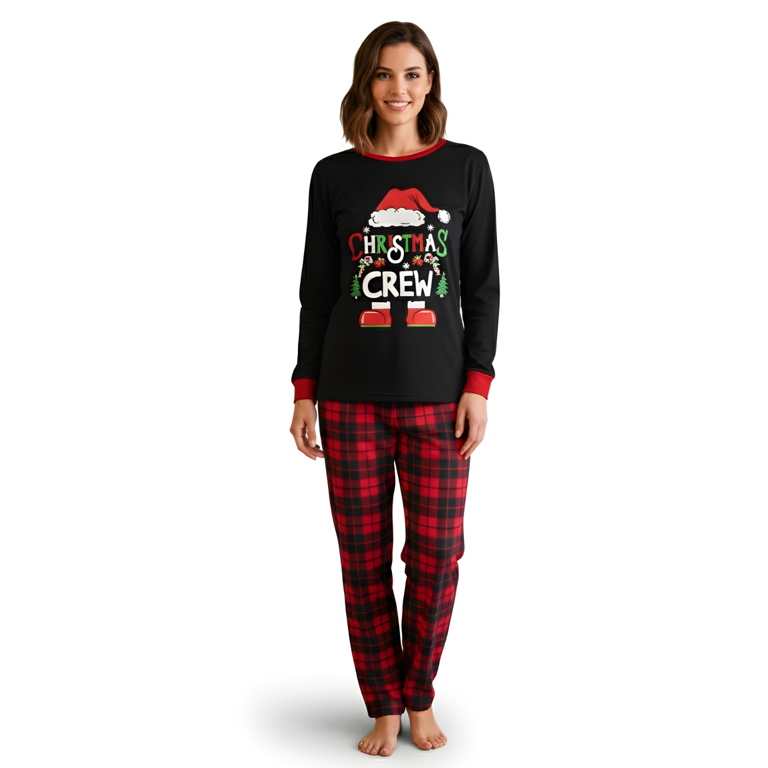Christmas Crew Printed Family Matching Plaid Pajama Set