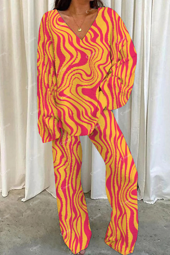 Colordate Casual Red Abstract Lines Loungewear Set For Women