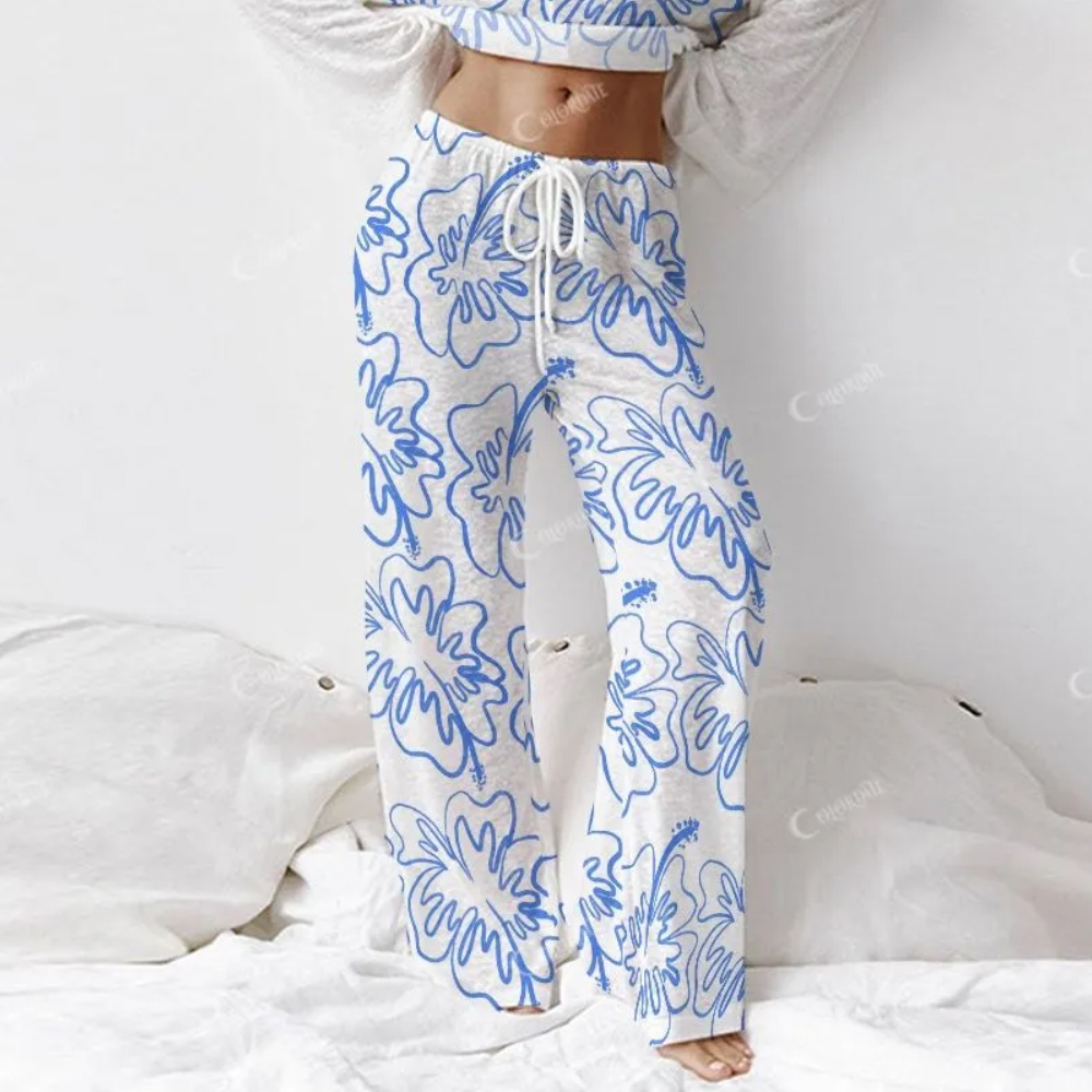 Colordate Women's Hawaiian Flower Print Long Sleeve Cotton Homewear Set