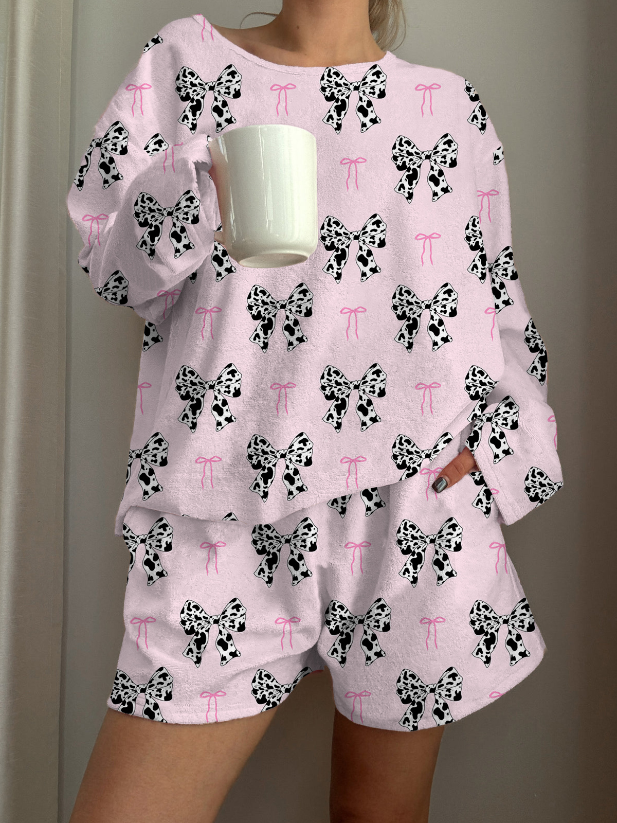 Leopard Bow Printed Long-Sleeved Shorts Loungewear Set