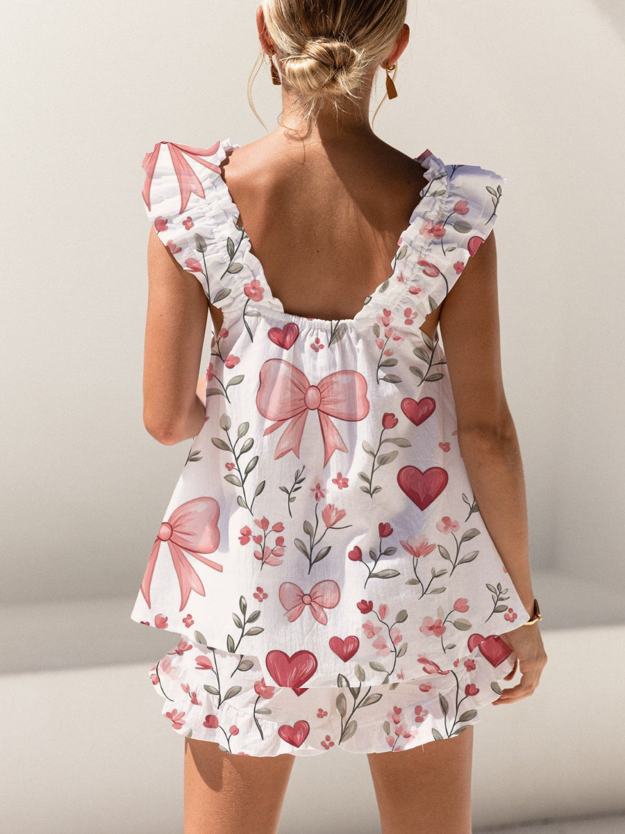 Bow Tie Love Flower Print Ruffled Trim Short Tank Top Shorts Pajama Set