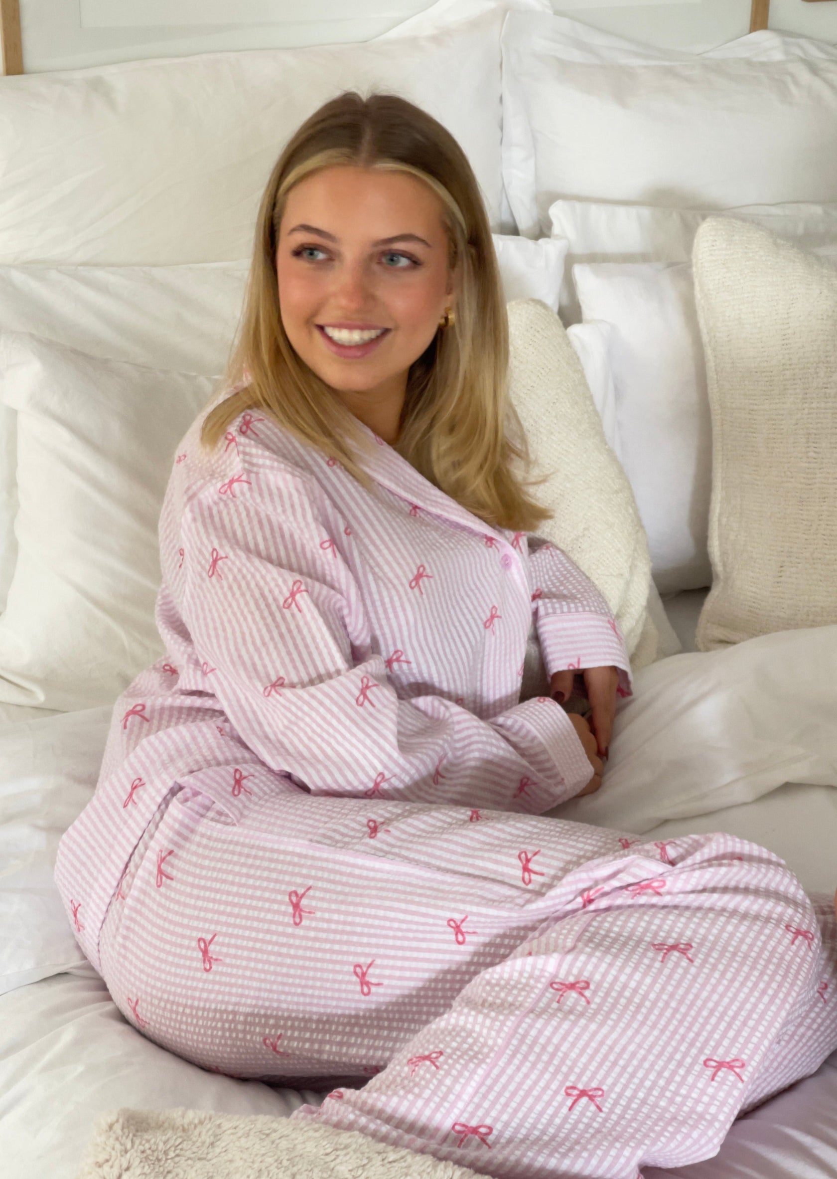 Women's Pink & White Stripes With Bow Print Cotton Cardigan Homewear Set