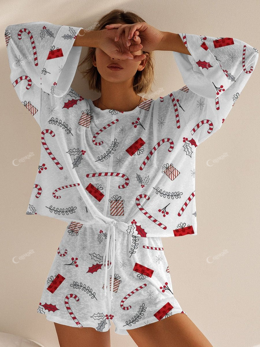 Women's Christmas Candy Cane Gift Box Pattern Long Sleeve Shorts Set