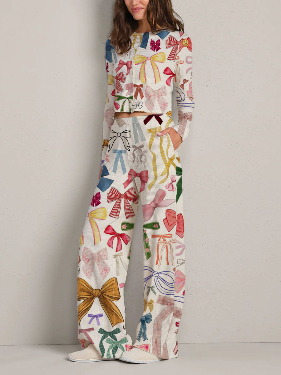 Colordate Women's Vintage Vibrant Multi - Bows Print Long Sleeve Suit