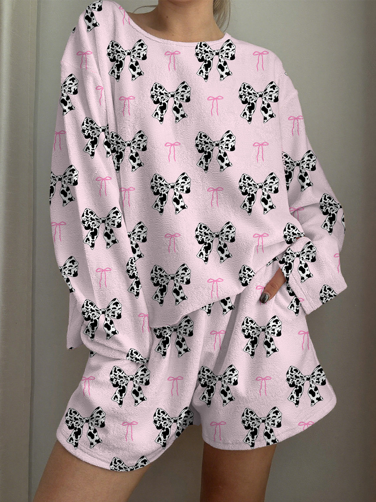 Leopard Bow Printed Long-Sleeved Shorts Loungewear Set