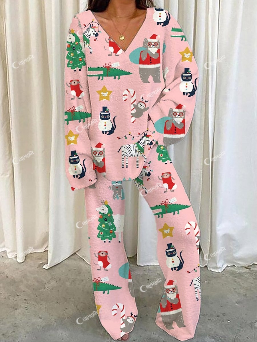 Women's Christmas Animal Print V-Neck Long Sleeve Suit