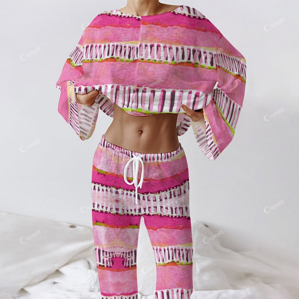 Women's Striped Colorblock Art Long Sleeve Cotton Homewear Set