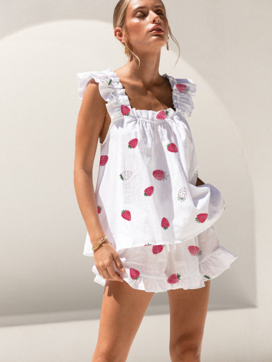 Pink And White Strawberry Print Ruffled Trim Short Tank Top Shorts Pajama Set