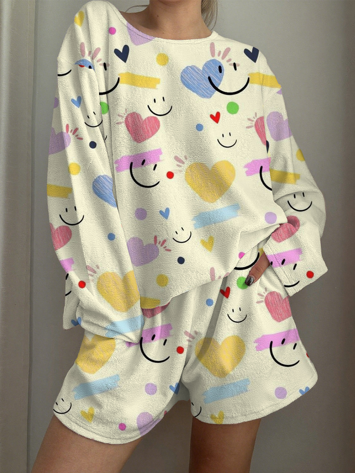 Yellow Smiley Face Printed Long-Sleeved Shorts Loungewear Set
