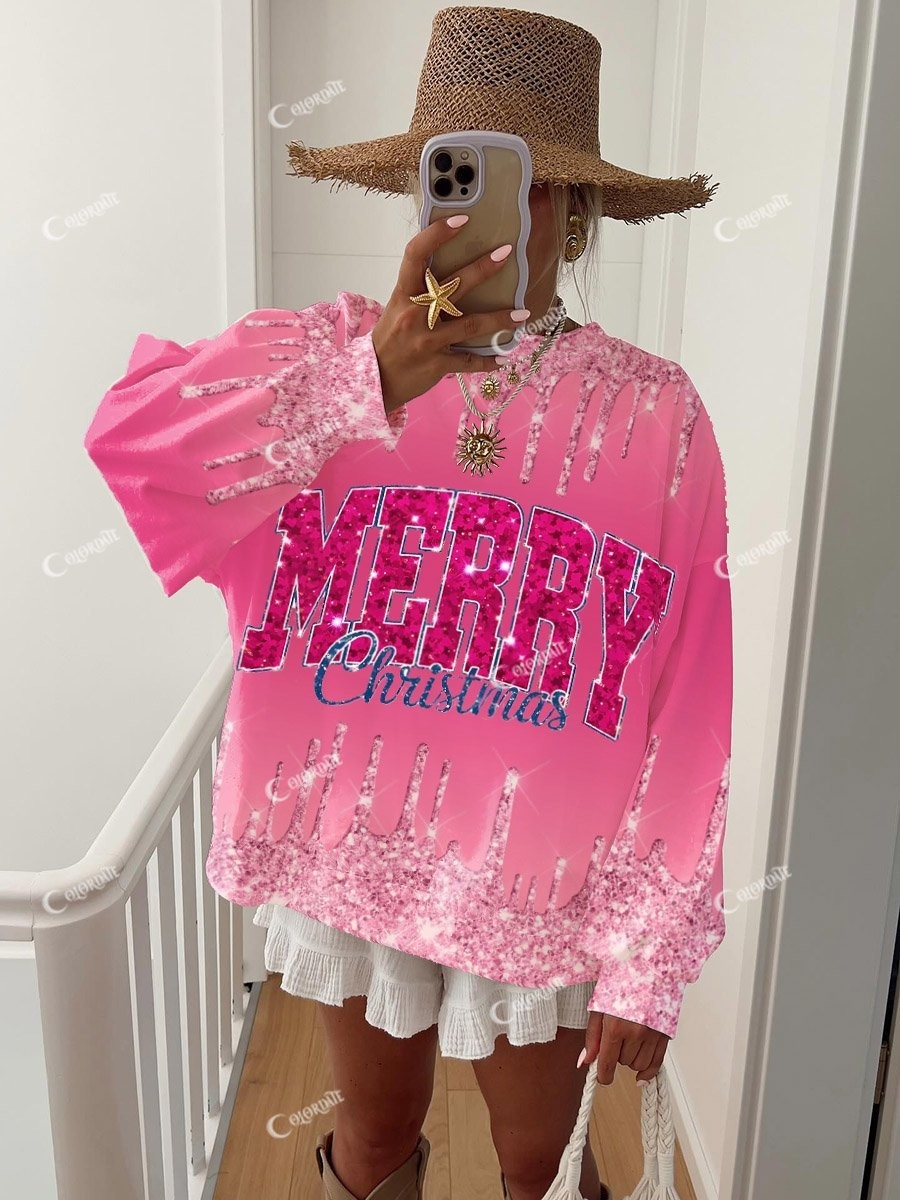 Women's Glitter Christmas Text Print Crew Neck Sweatshirt