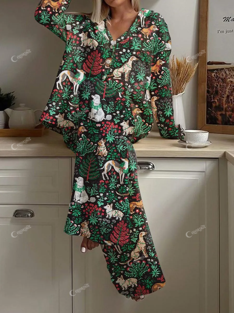 Women's Artistic Hand-Painted Unicorn Plant Pattern Long Sleeve Pants Set