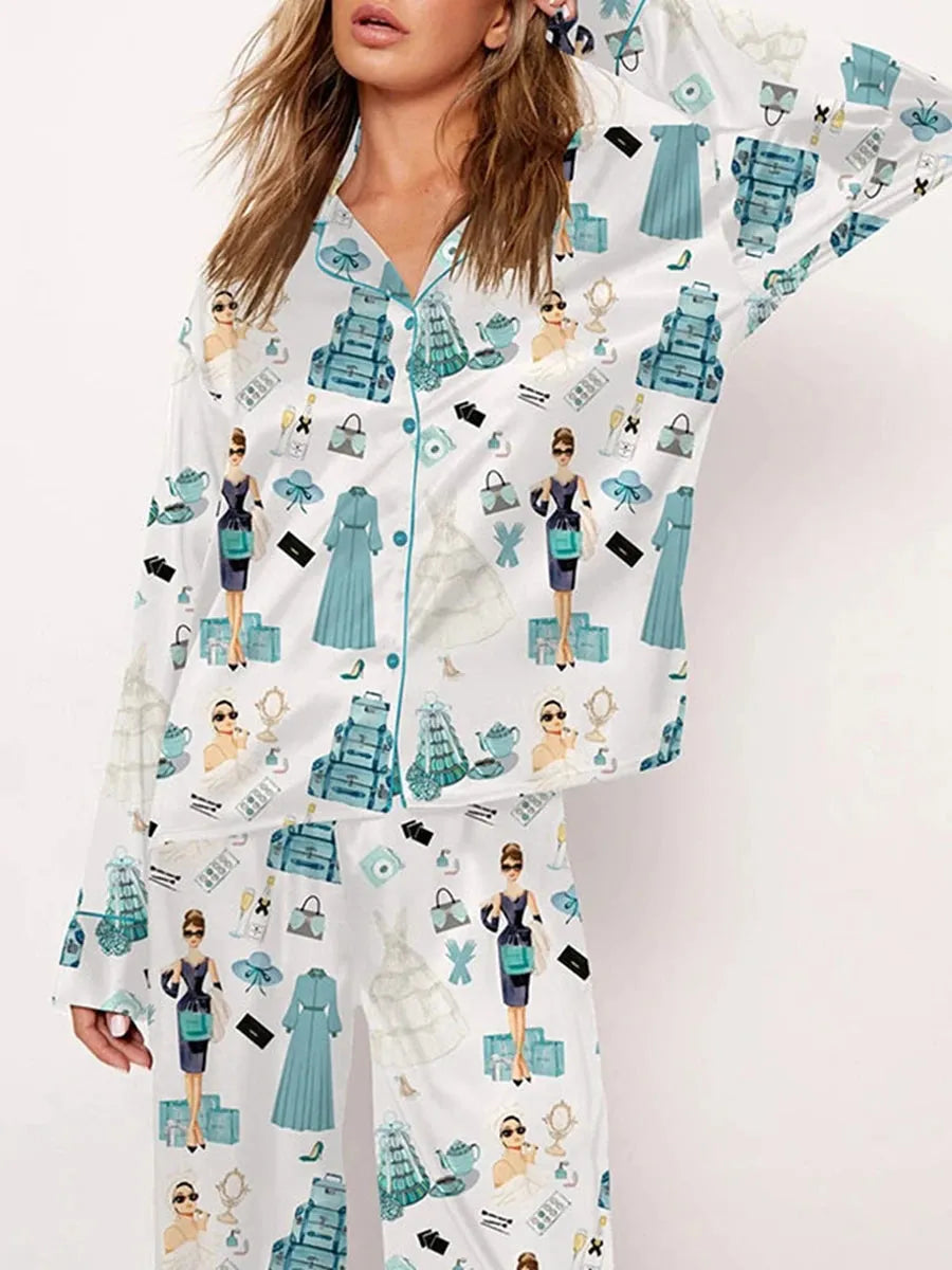Women's Lapel Print Long Sleeve Pajama Set