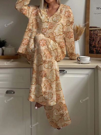 Women's Christmas Check Gingerbread Pattern Long Sleeve Pants Set