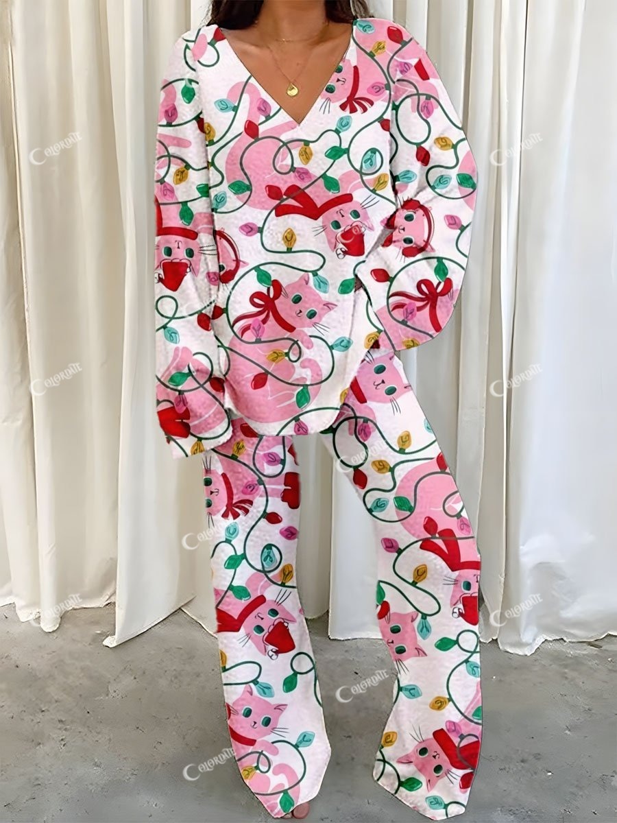 Women's Cute Cat Christmas Lights Printed V-Neck Polar Fleece Suit
