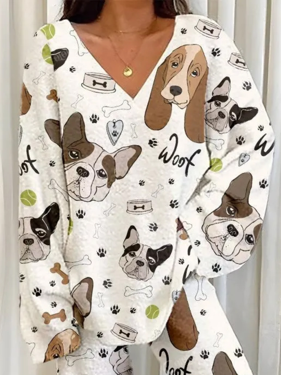 Women's Cute Dog Text Polka Dot Print V-Neck Polar Fleece Suit