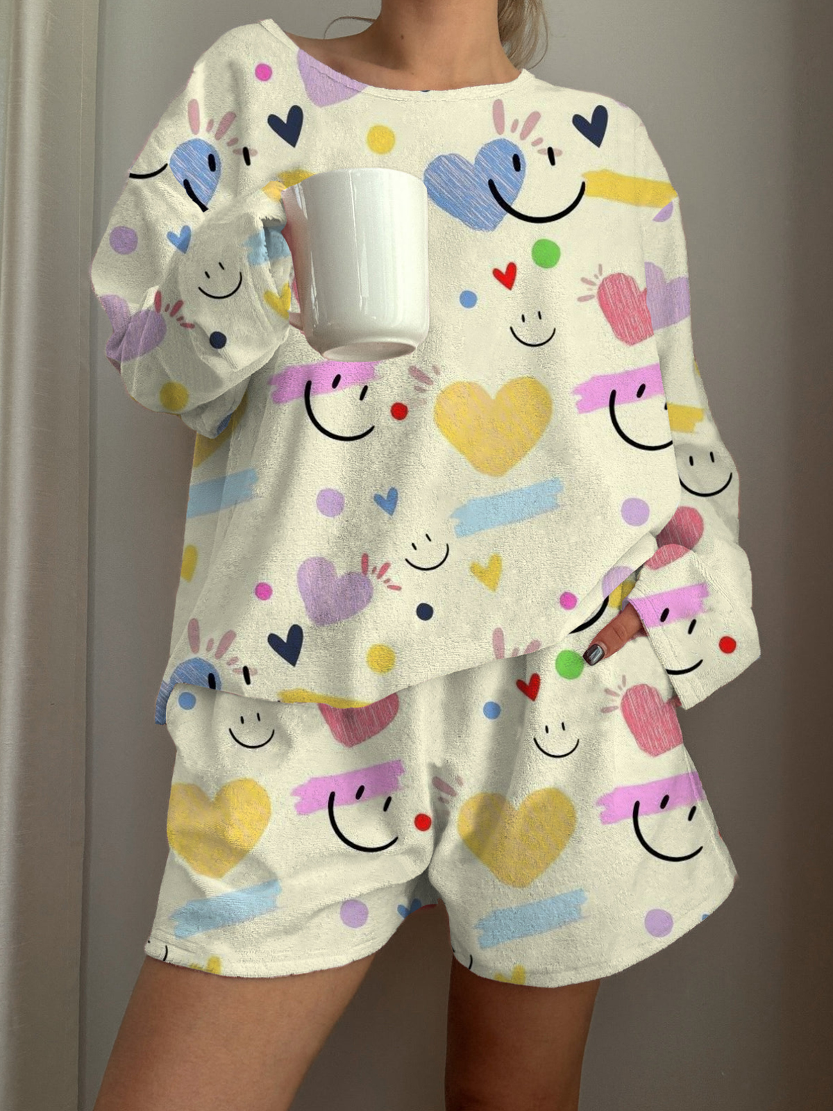 Yellow Smiley Face Printed Long-Sleeved Shorts Loungewear Set