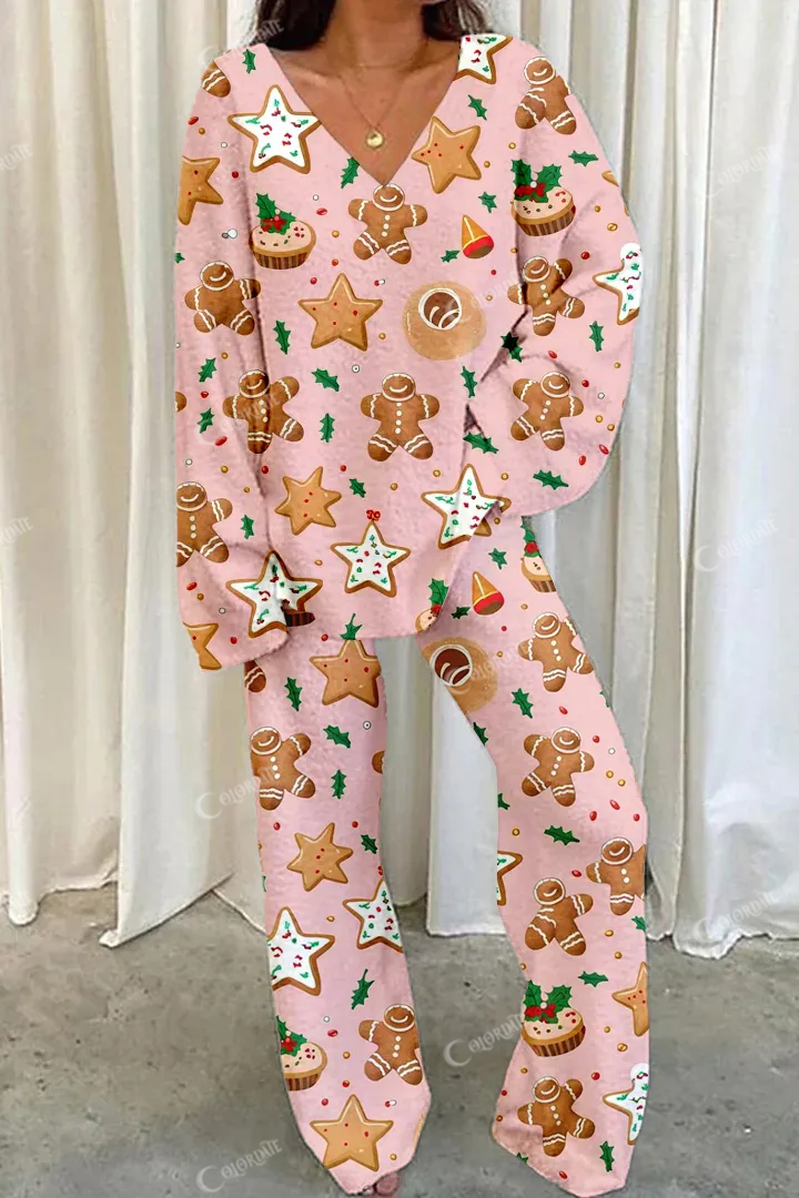 Women's Pink Christmas Gingerbread Man Five Pointed Star Print Home Long Sleeve Suit