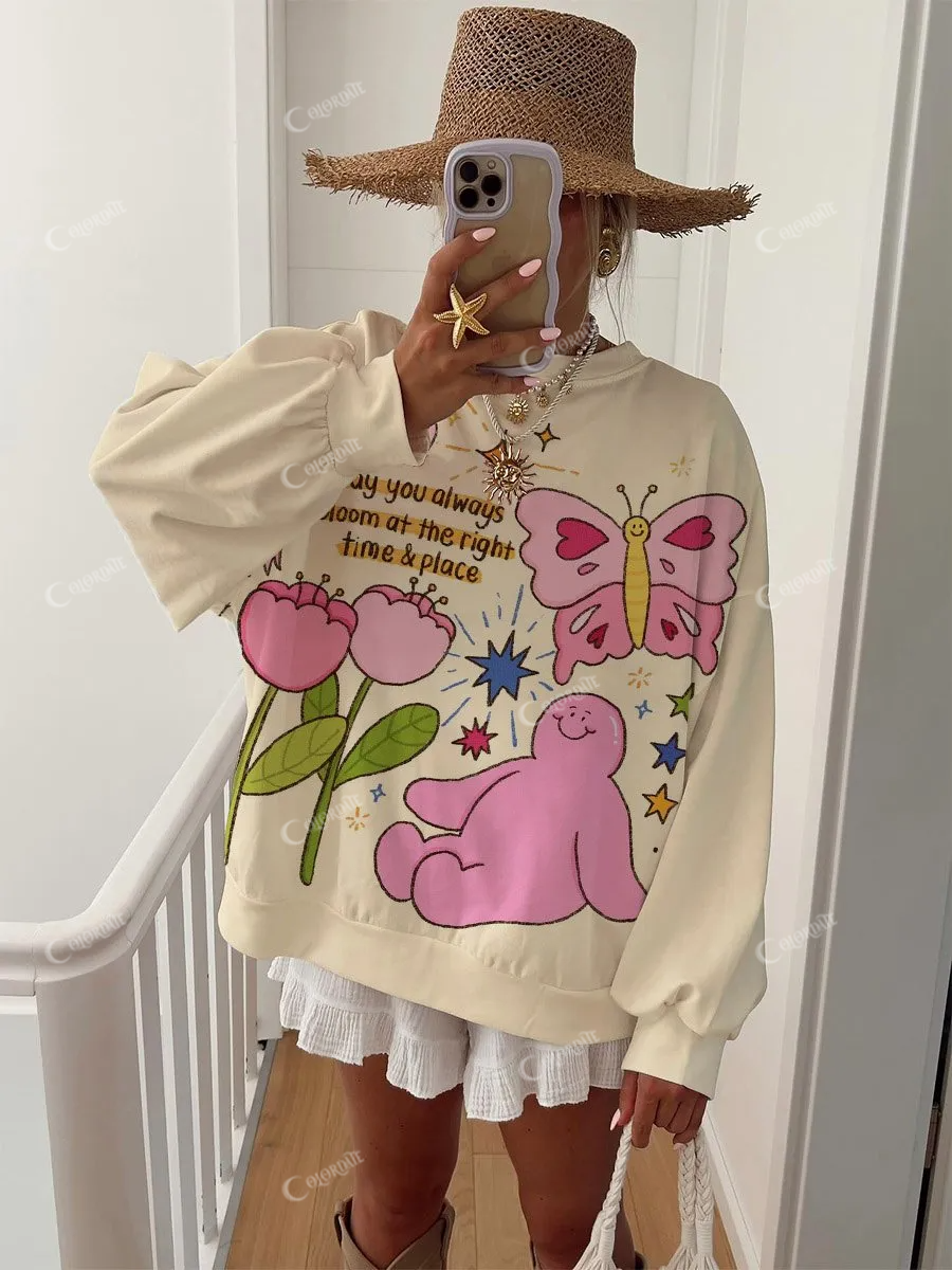 Women's Cute Butterfly Floral Pattern Round Neck Long Sleeve Sweatshirt