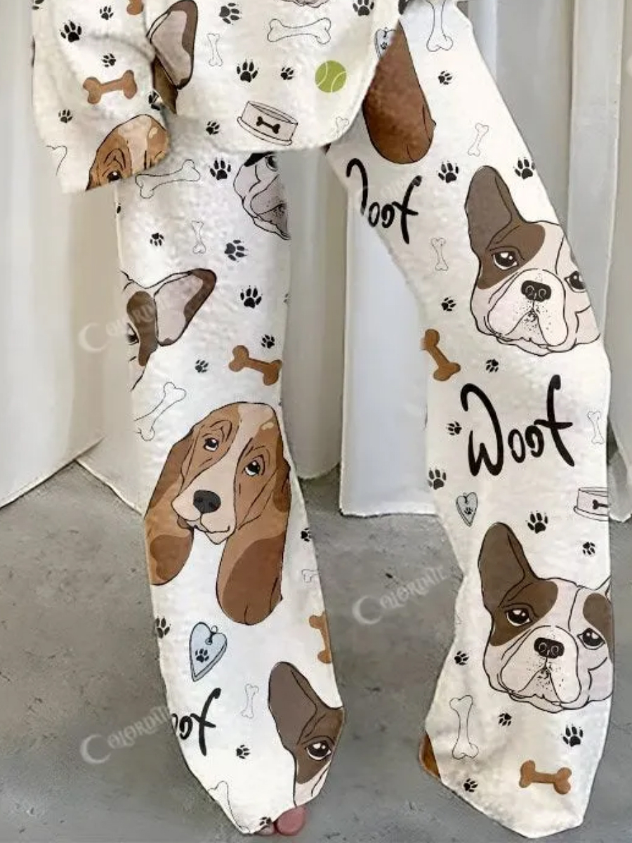 Women's Cute Dog Text Polka Dot Print V-Neck Polar Fleece Suit