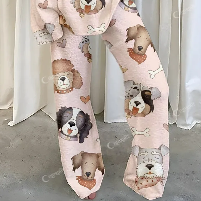 Women's Plush Dog Heart Printed Fleece Suit