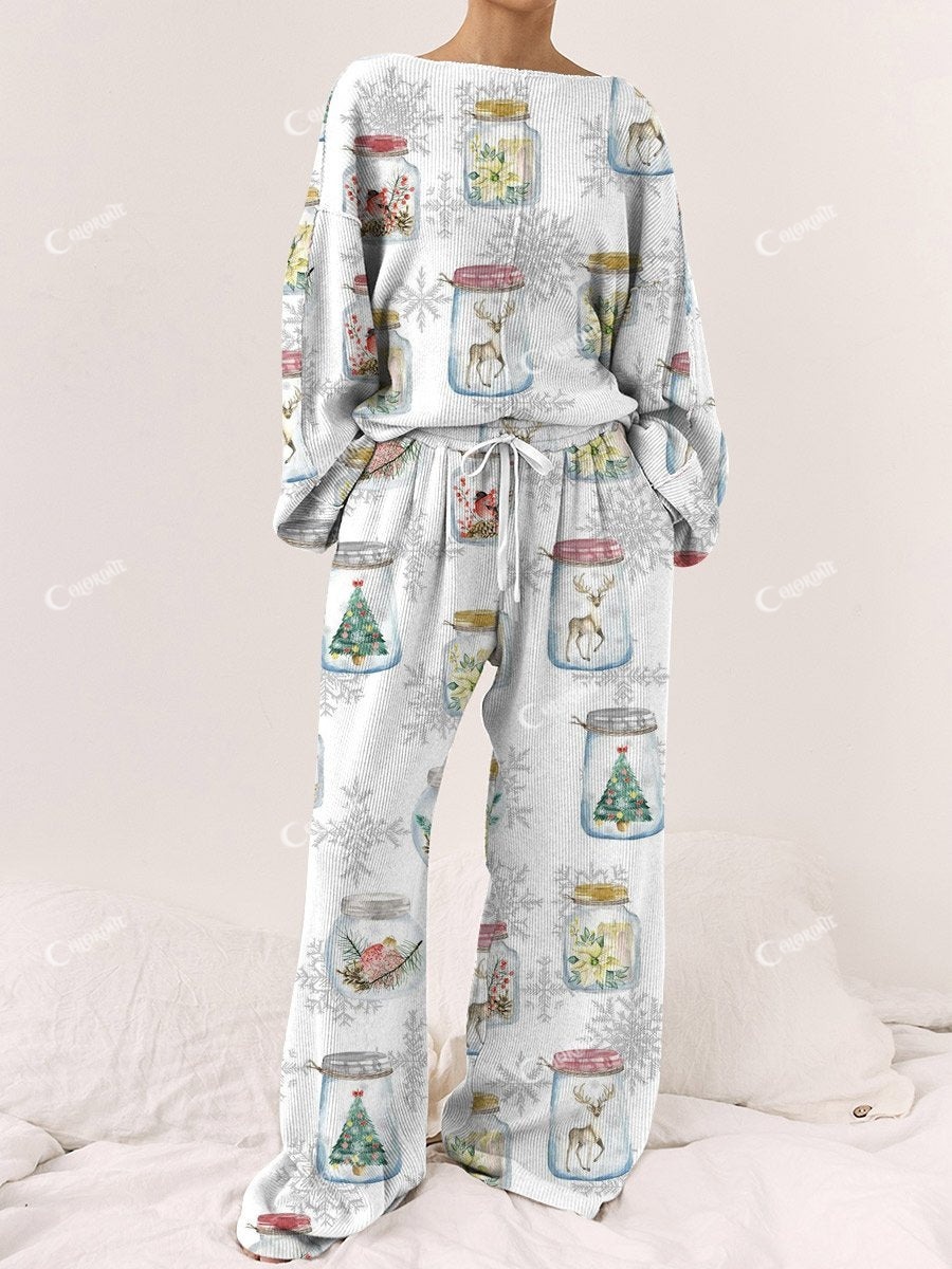 Women's Christmas Bottle Snowflake Pattern Long Sleeve Pants Set