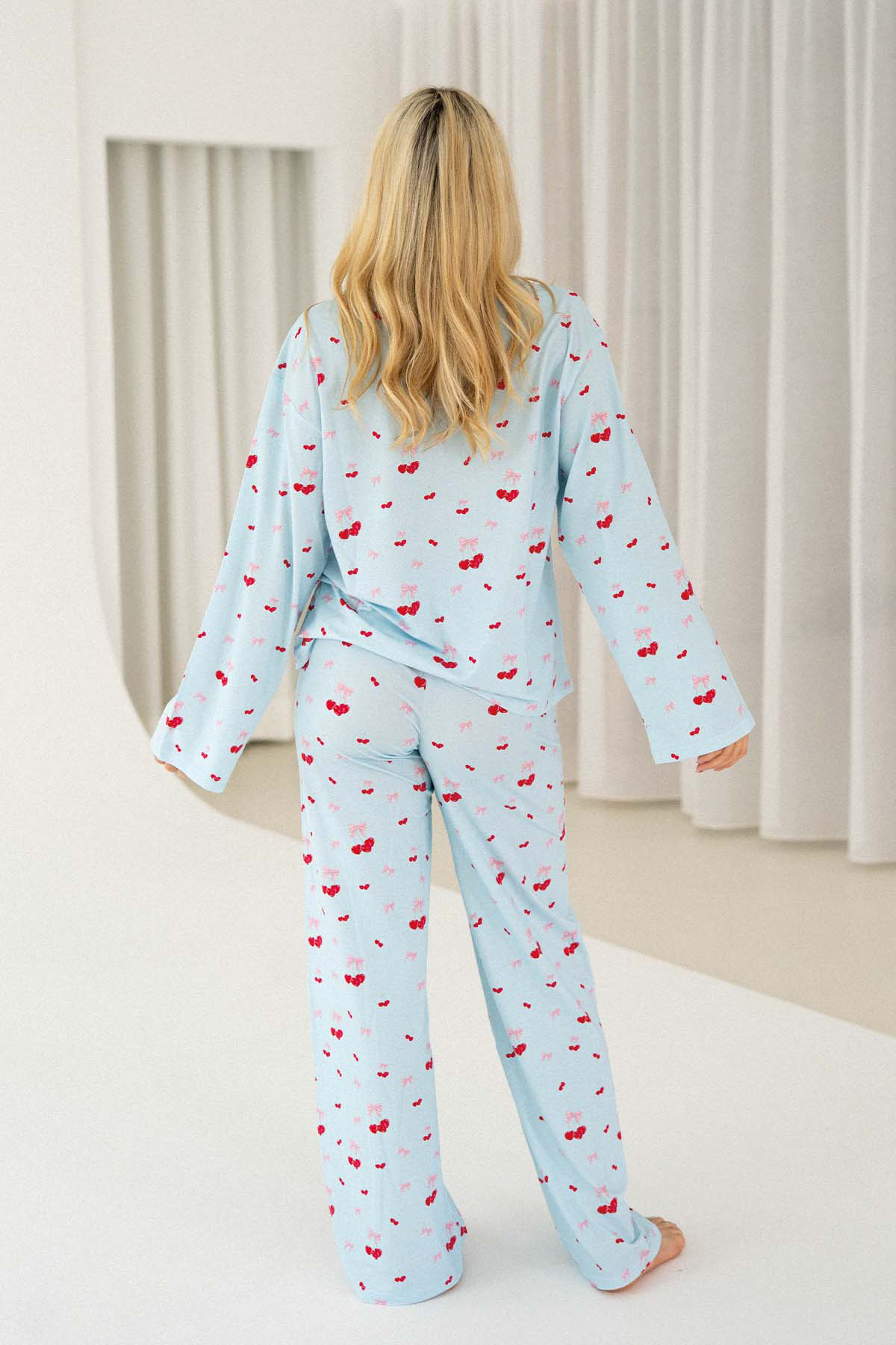 Sleep Set Sweet Cherries Print Light Blue Loungewear 