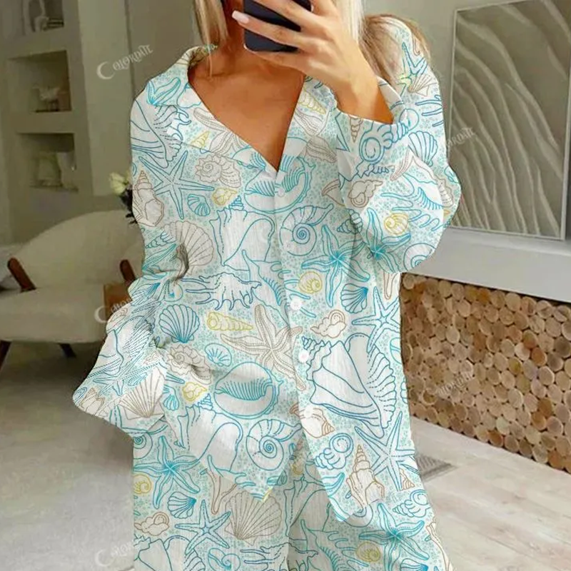 Colordate Women's Blue Shell  Print Cotton Cardigan Homewear Set