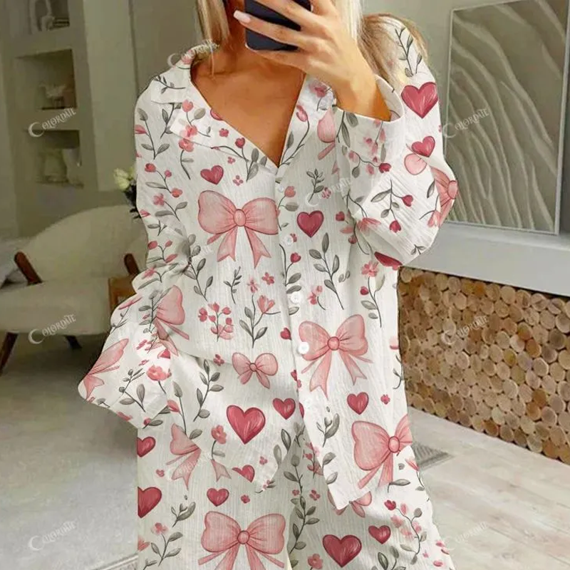 Women's Valentine's Day Flower Bow Heart Colorblock Print Cotton Cardigan Homewear Set