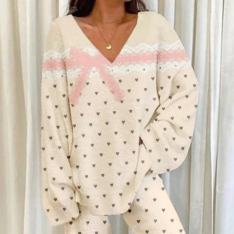 Women's Lace Bow Polka Dot Color Block Printed Casual Homewear Set