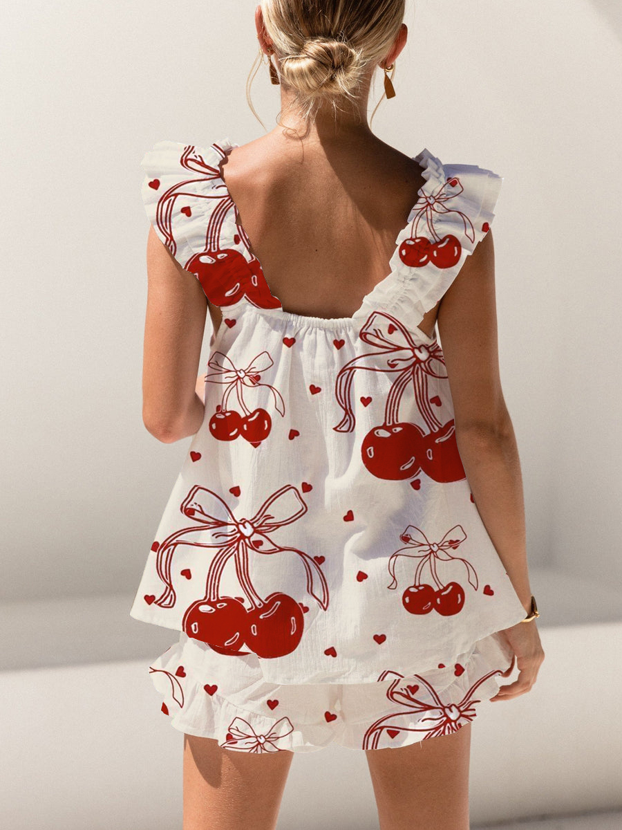 Bow Tie Cherry Print Ruffled Trim Short Tank Top Shorts Pajama Set