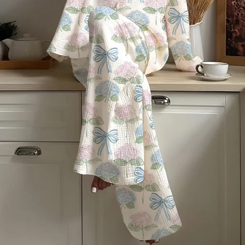Women's Bow Flower Print Home Long Sleeve Suit