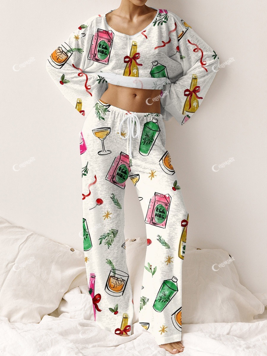 Women's Christmas Champagne Print Casual Homewear Suit