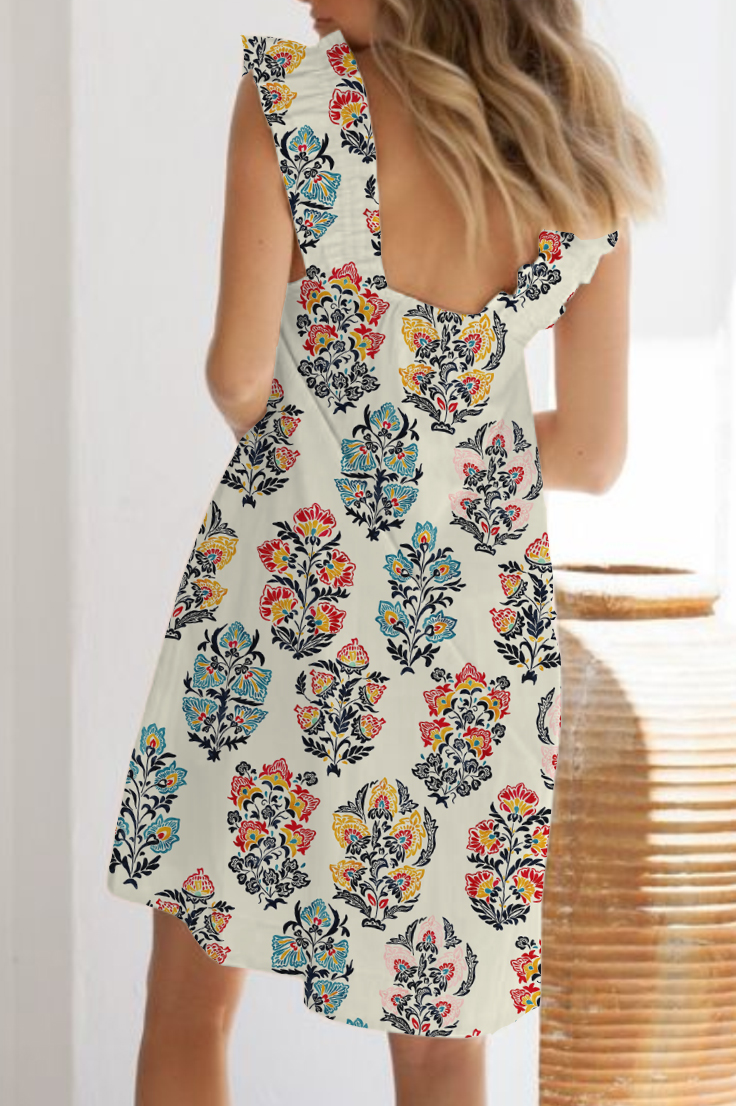 Women's Vintage Colorful Flowers Printed Ruffle Mid-Length Nightgown
