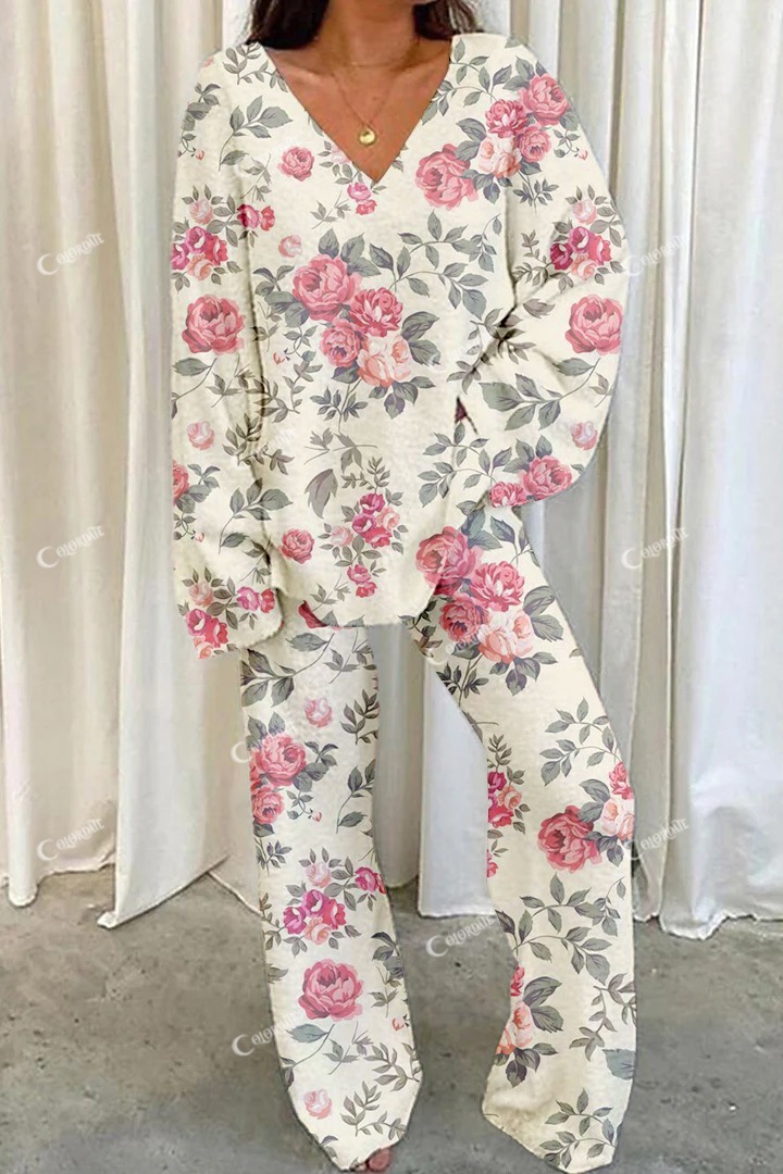 Women's Retro Floral Printed Casual Homewear Set