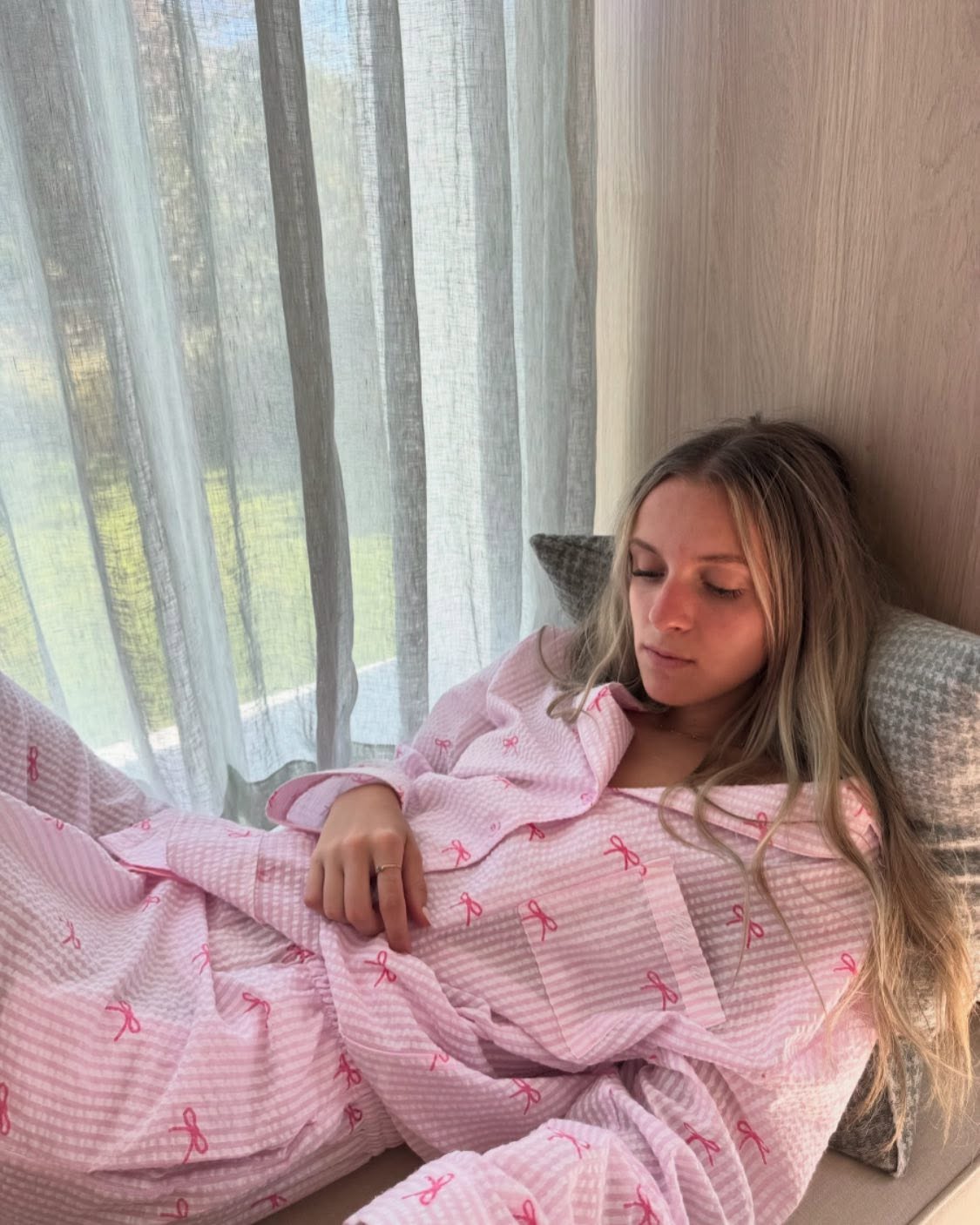 Women's Pink & White Stripes With Bow Print Cotton Cardigan Homewear Set