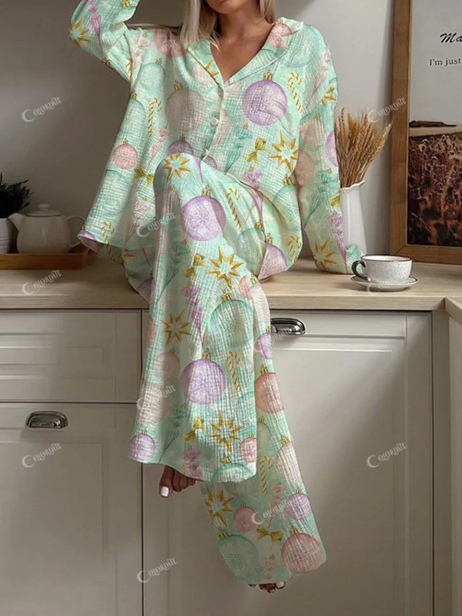 Women's Christmas Lights Pattern Long Sleeve Pants Set
